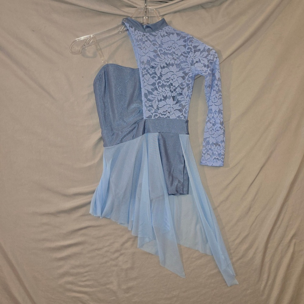 iEFIEL Lyrical Dance Costume Size 8 Kids Blue Lace Asymmetrical Mesh Skirt